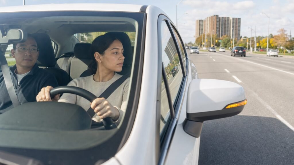 Learner driver checking the right blind spot before a safe lane change with an instructor.