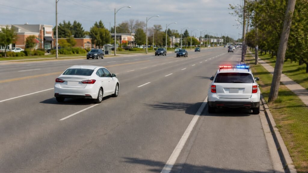 Car moving one lane away from a stopped emergency vehicle on a Scarborough road