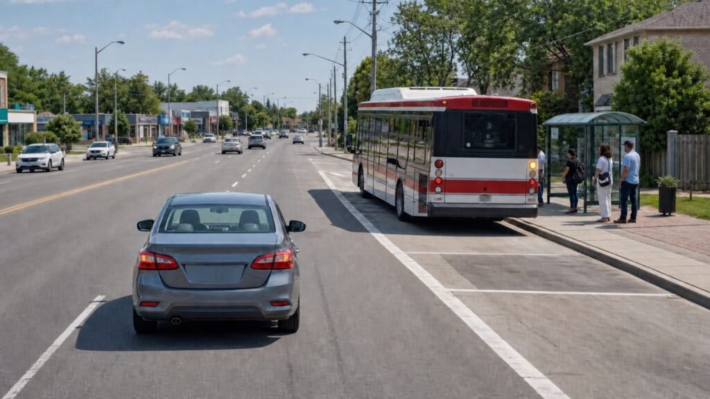 New driver yielding to a city bus leaving a bus bay in Scarborough