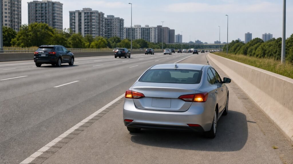 Silver car stopped safely on a Highway 401 shoulder in Scarborough with hazard lights flashing