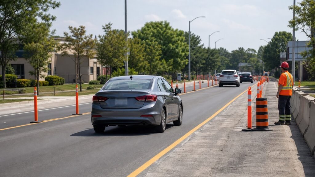 Driver travelling carefully through a Scarborough construction zone with cones and a protected road worker
