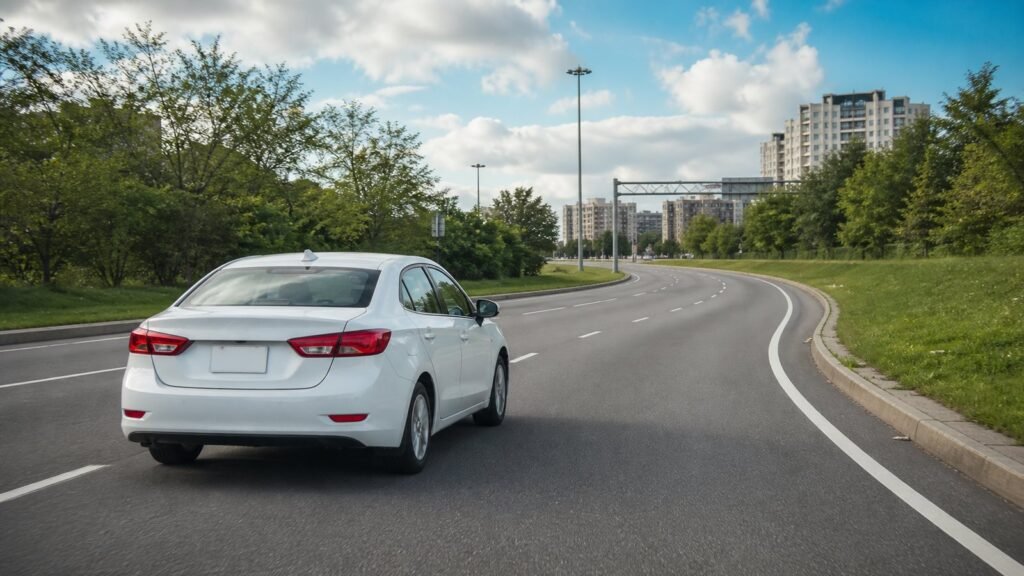 White car driving safely through a gentle curved road in Scarborough
