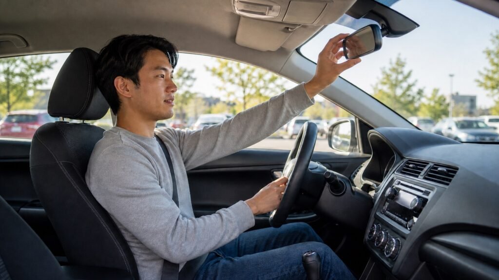 Learner driver adjusting the rear-view mirror before driving in Scarborough