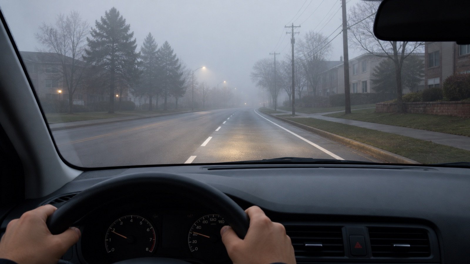 Driver view of low-beam headlights showing lane markings on a foggy Scarborough road