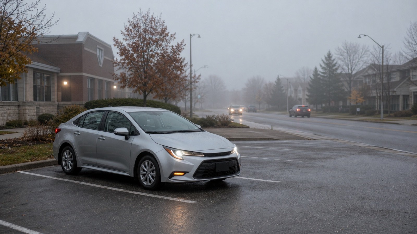 Silver car parked safely in a parking area away from traffic during fog