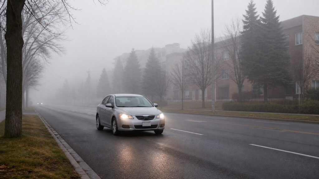 Silver compact car using low-beam headlights on a foggy Scarborough road