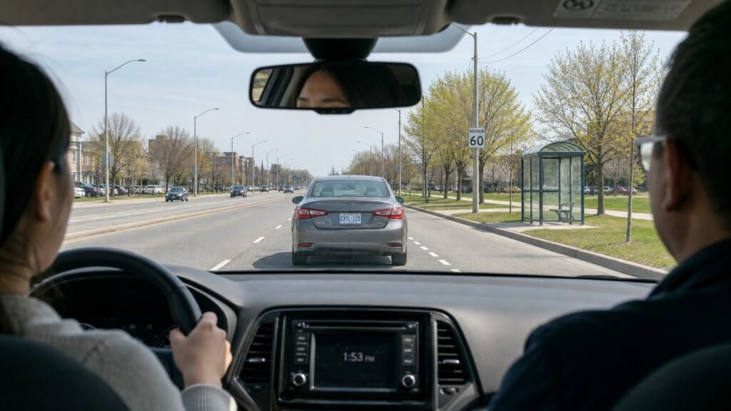 Learner driver maintaining a safe two-second following distance behind another vehicle in Ontario.