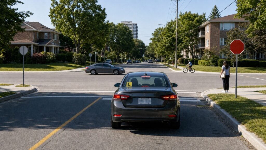 Learner driver waiting at a four-way stop in a Scarborough neighbourhood