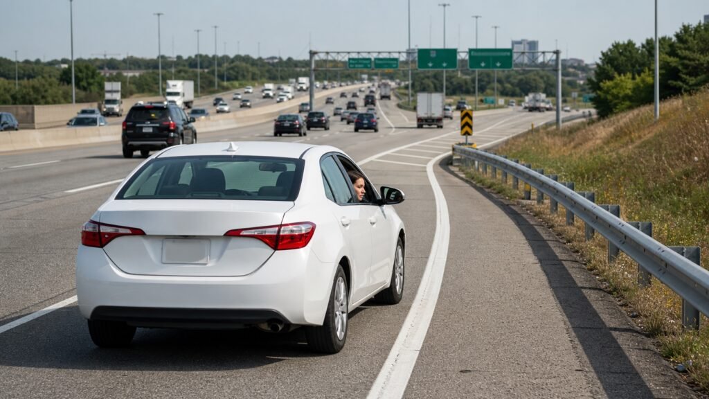 Learner driver safely merging onto an Ontario highway during a Full G preparation lesson.