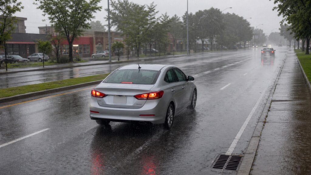 Silver sedan driving safely with lights on during heavy rain in Scarborough