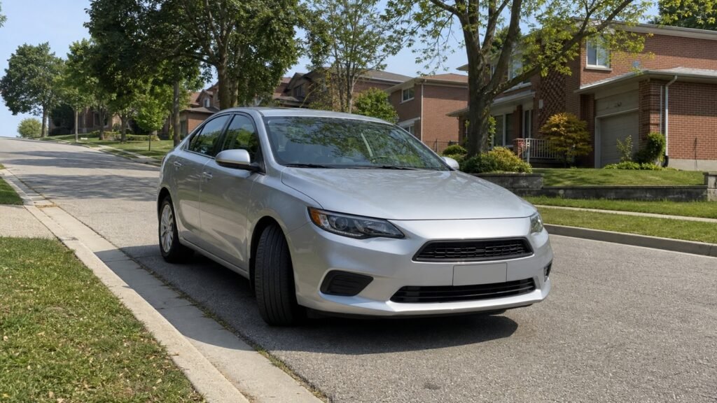 Silver car parked downhill on a Scarborough street with its front wheels turned toward the curb