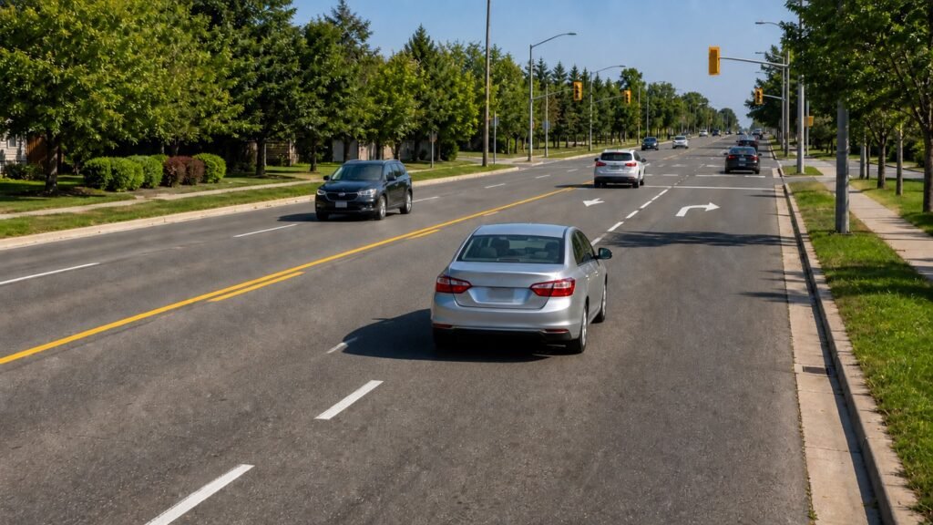 Silver car safely following Ontario pavement markings on a Scarborough road
