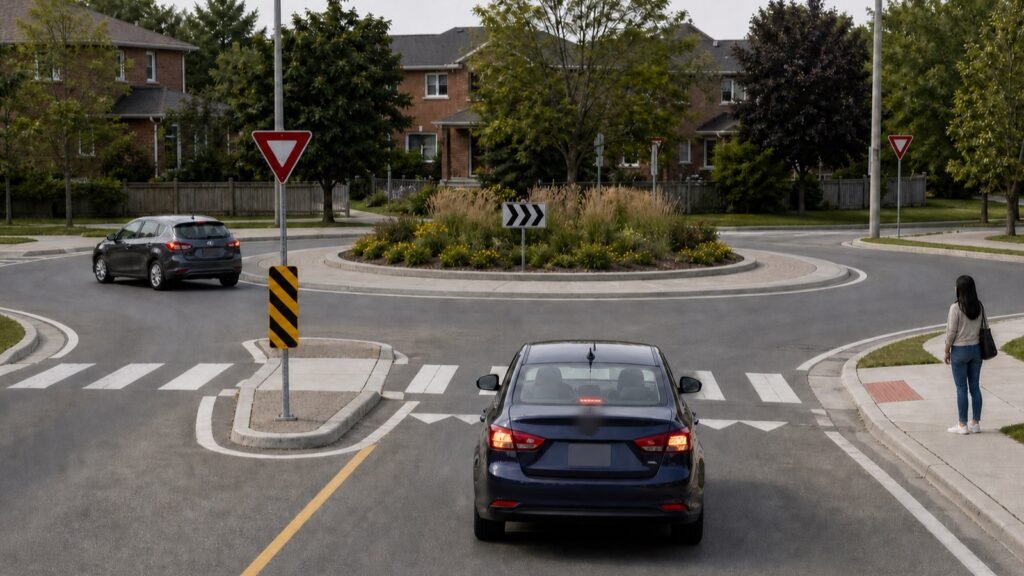 Learner driver yielding before entering a modern Ontario roundabout in Scarborough