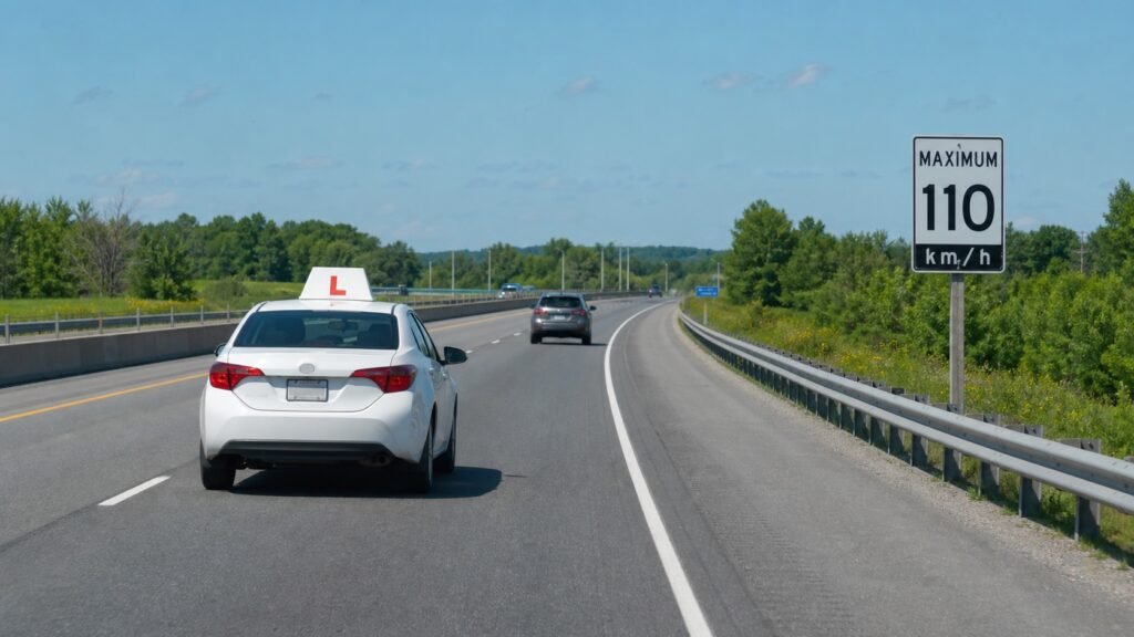 Learner driver travelling on an Ontario highway beside a 110 km/h maximum speed sign.