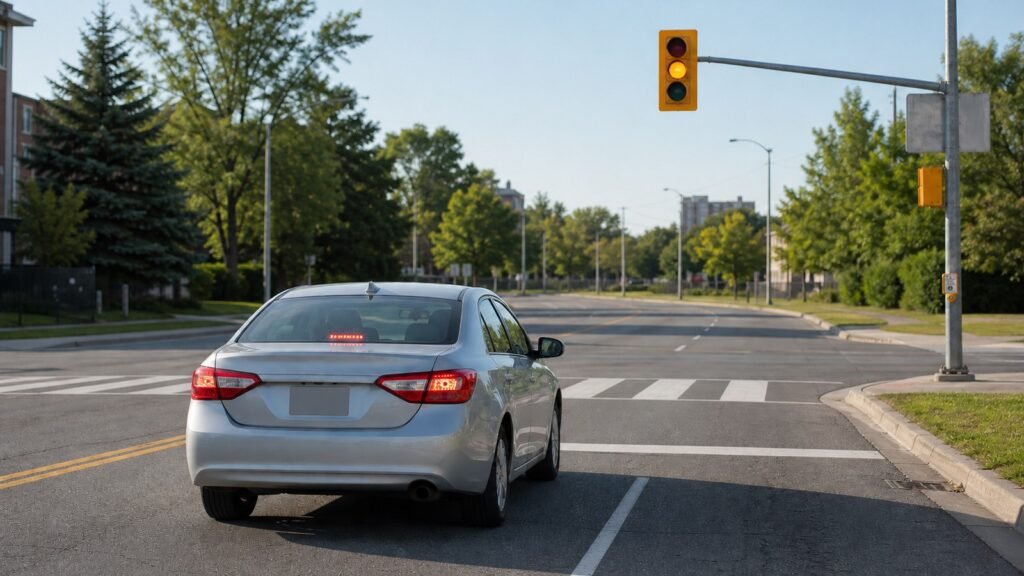 Silver car stopped behind the line at a yellow traffic light in Scarborough