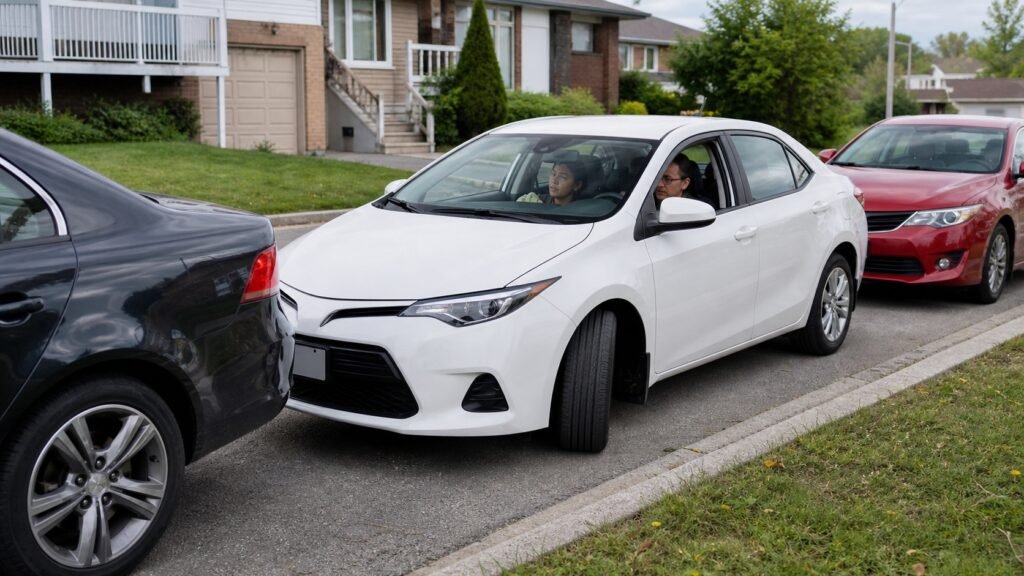 Learner sedan practising parallel parking between two parked cars in Scarborough.