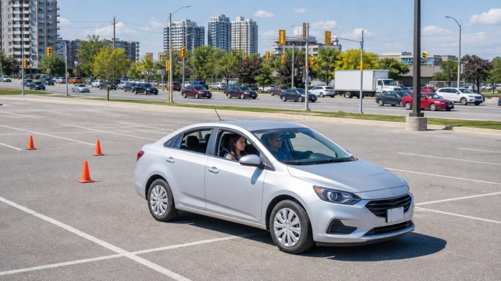 Learner driver practising low-speed skills in an open Scarborough parking area with an instructor.