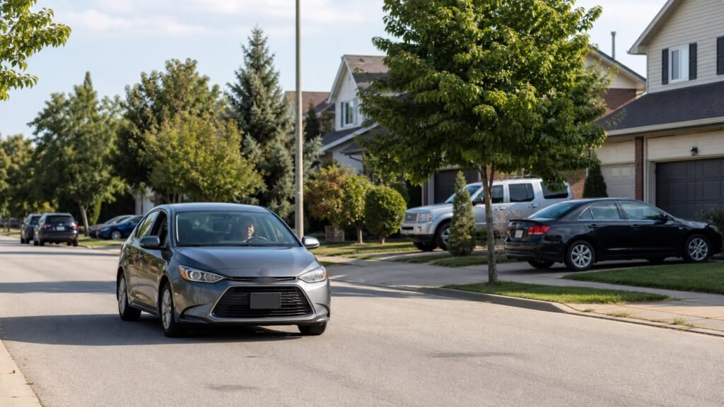 Silver car driving cautiously on a Scarborough residential street with parked cars and driveways nearby