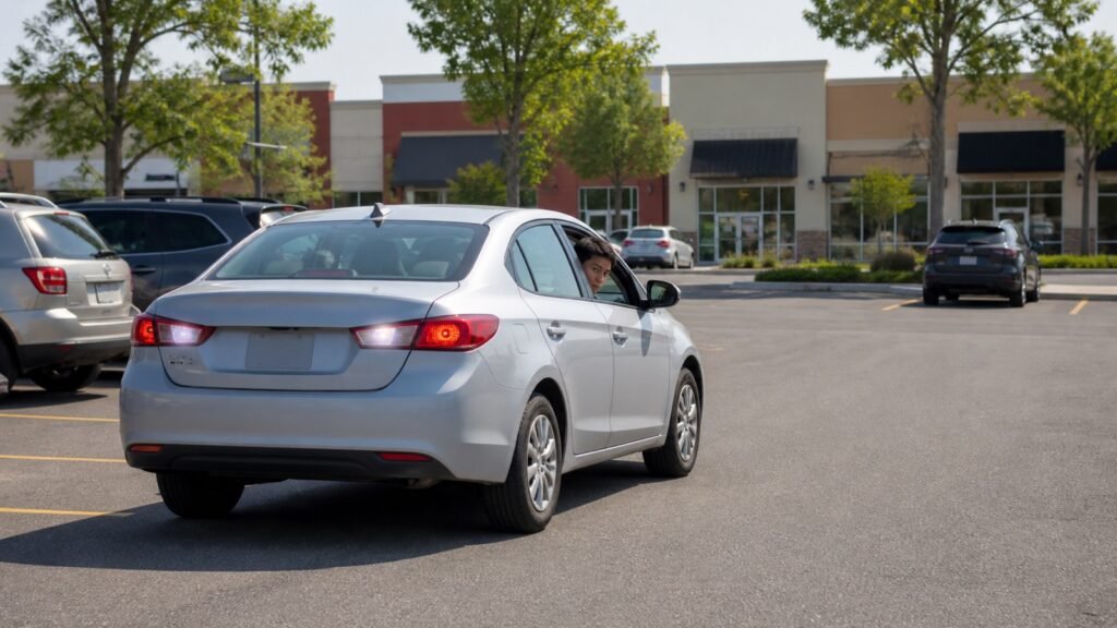 Learner driver checking behind while reversing slowly in a Scarborough parking lot