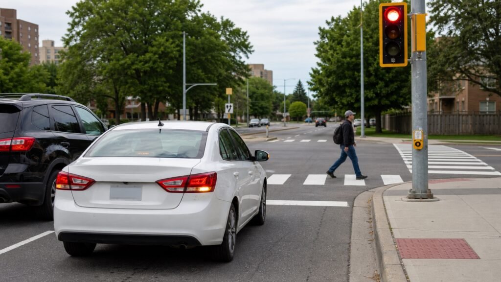 Driver stopped at a red light while a pedestrian crosses before a right turn in Ontario.