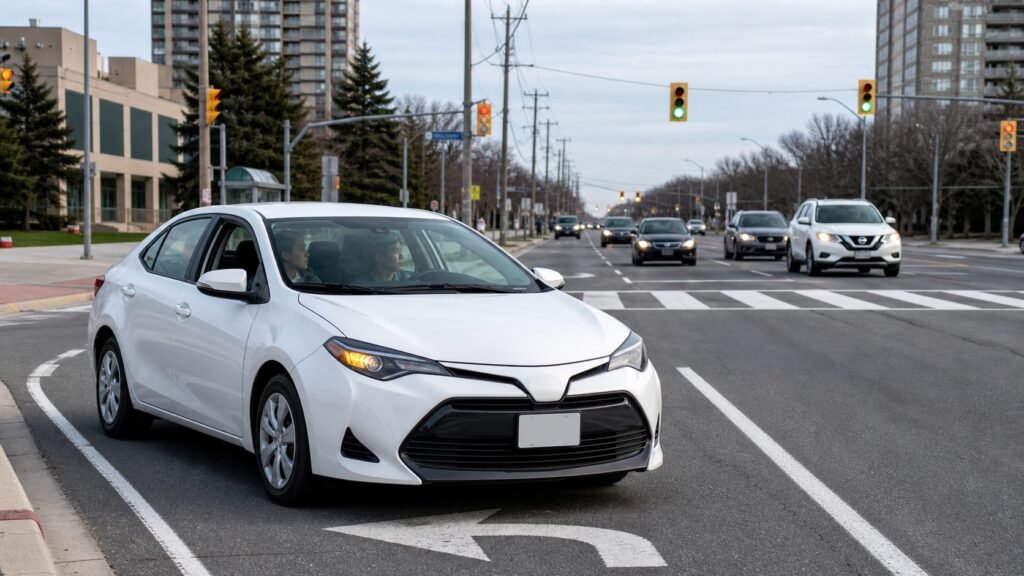 Driver waiting for a safe gap before making an unprotected left turn in Scarborough.