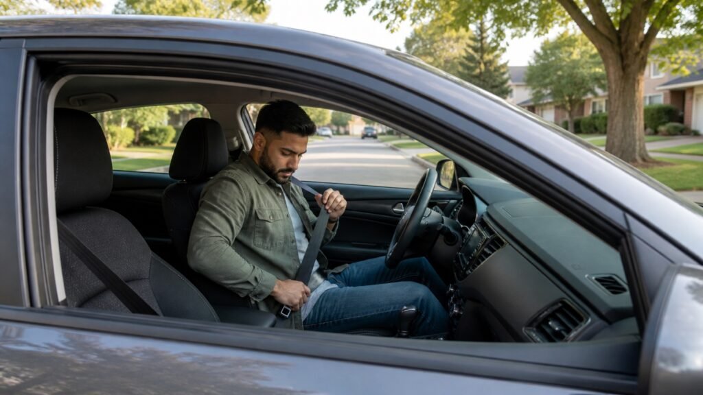 Learner driver fastening a seatbelt in a parked car on a Scarborough residential street