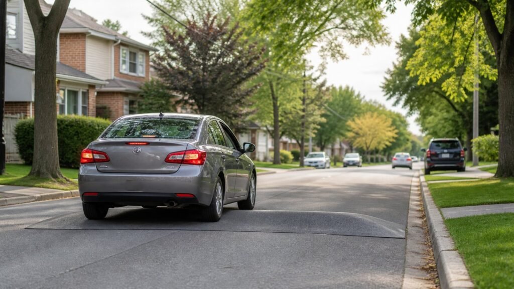 Learner car slowing for an asphalt speed hump on a Scarborough street