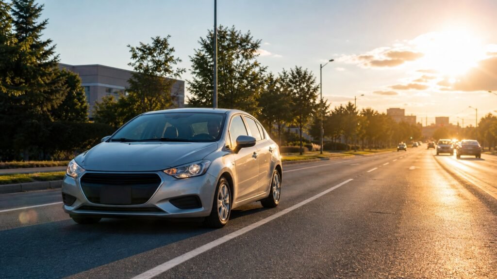 Compact car driving on a Scarborough-style road with low-angle sun glare and safe spacing