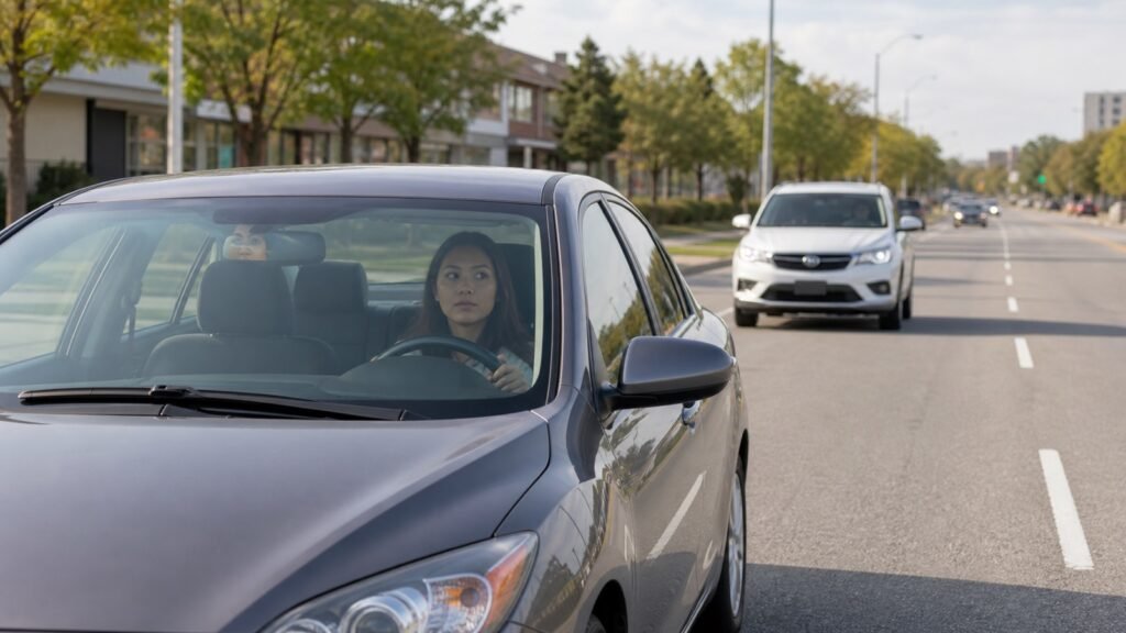 Scarborough driver calmly checking traffic with another vehicle following at a safe distance