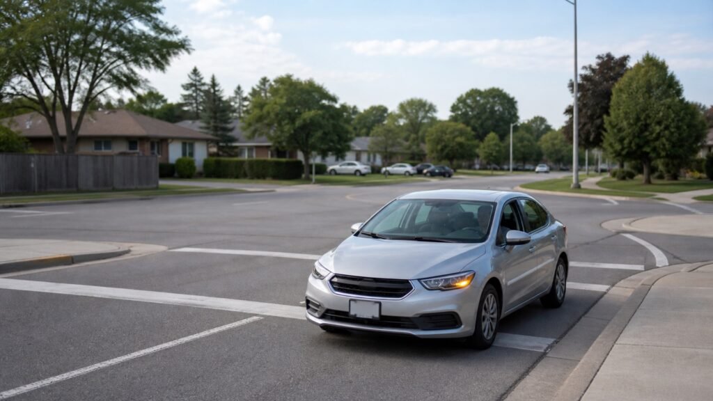 Silver compact car using a right turn signal at a Scarborough intersection