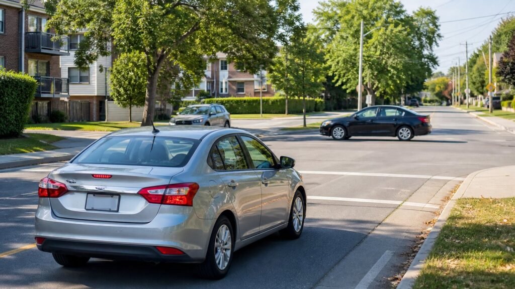 Learner car stopped safely at a Scarborough residential intersection
