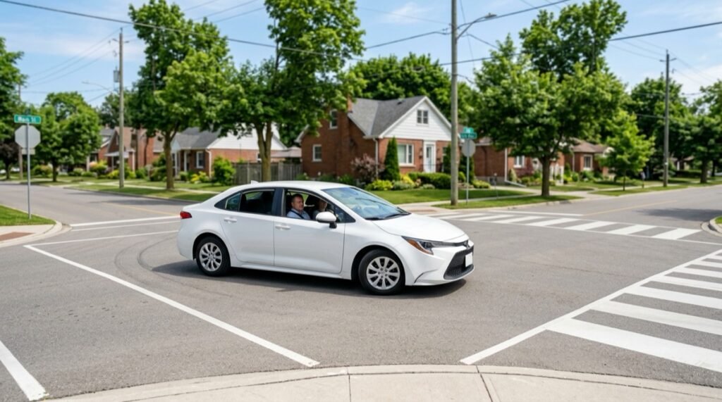 White driving school car making a safe U-turn at a Scarborough intersection