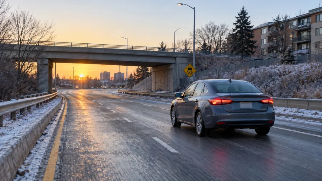 A car travelling carefully toward an icy Scarborough overpass at dawn