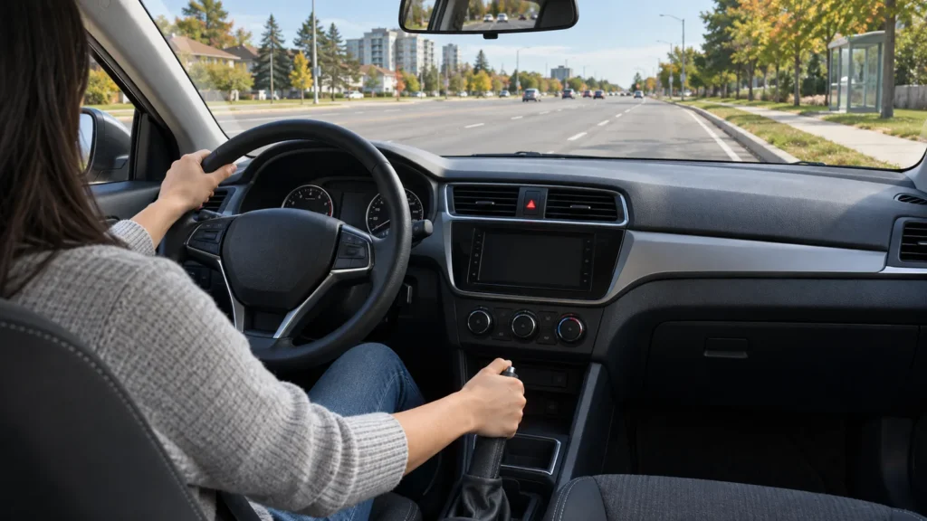 A driver calmly applying the parking brake while steering toward a safe Scarborough curb lane