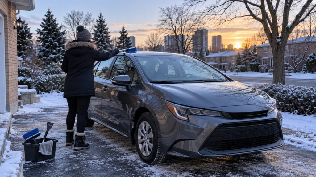 Driver clearing snow from a compact car before a winter drive in Scarborough