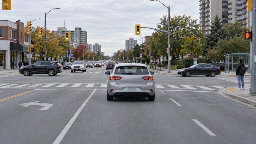 Learner car approaching a green light while scanning a busy Scarborough intersection