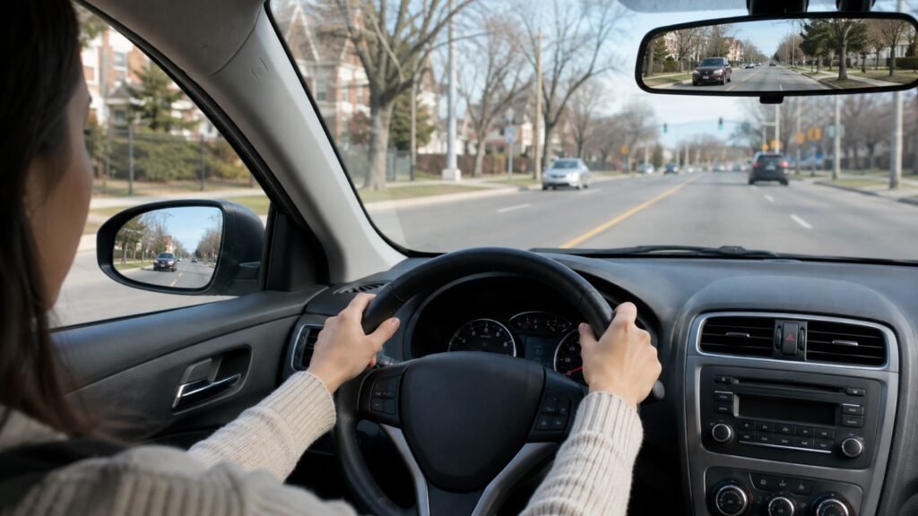 Learner driver checking mirrors during a Scarborough driving lesson