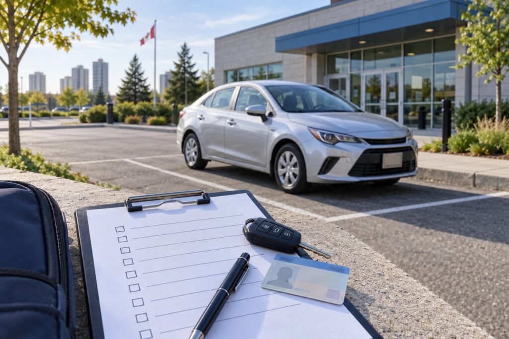 Ontario road-test checklist, car key and parked silver vehicle in Scarborough