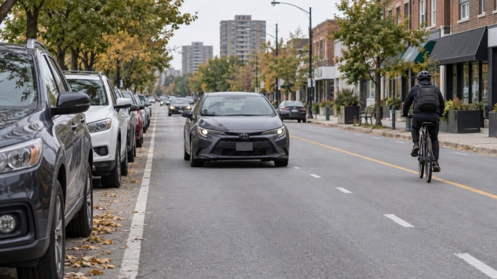Learner car leaving a safe buffer beside parked cars while passing a cyclist in Scarborough