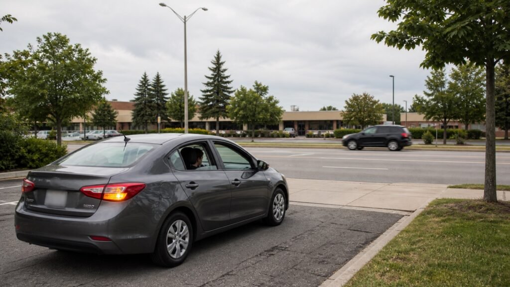 Learner driver waiting at a Scarborough parking lot exit before entering traffic