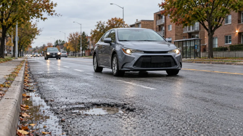 A car approaching a pothole carefully on a wet Scarborough road