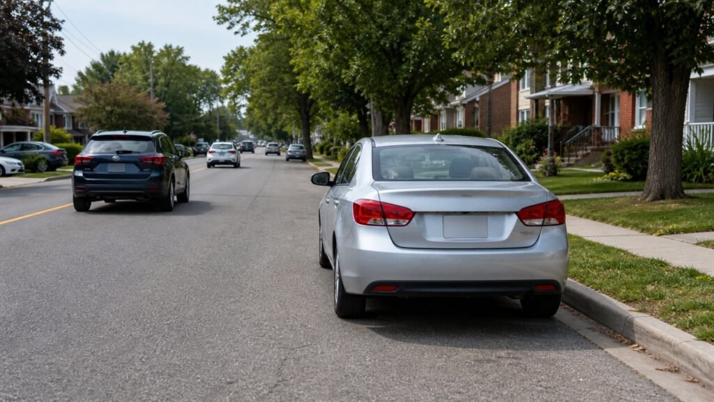 Learner driver preparing to re-enter traffic from the curb on a Scarborough street