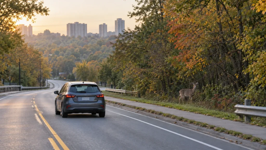 A driver approaches a deer standing safely off a Scarborough ravine road at dawn