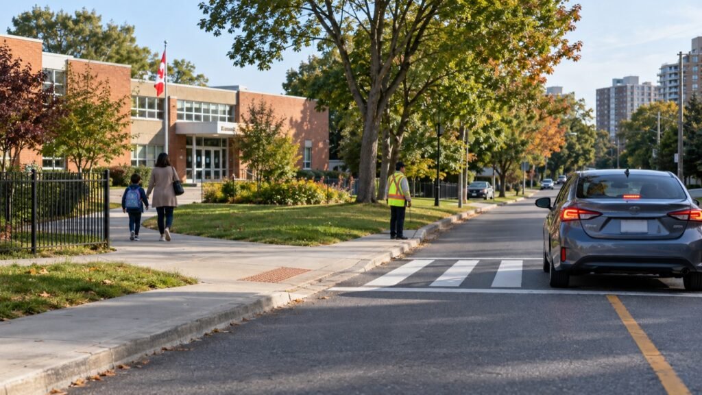 Car stopped before a school crosswalk with a crossing guard in Scarborough