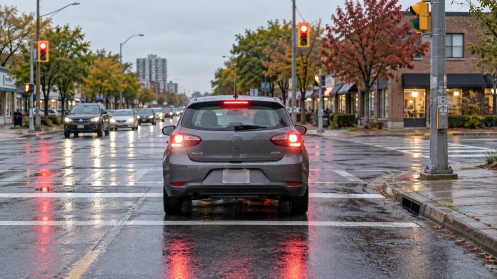 Compact car stopped safely before a red light on a wet Scarborough street