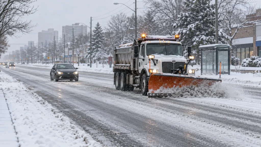 A learner driver follows a working snowplow at a safe distance on a snowy Scarborough road