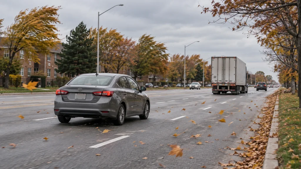 A car maintaining a steady lane in strong crosswinds on a Scarborough road