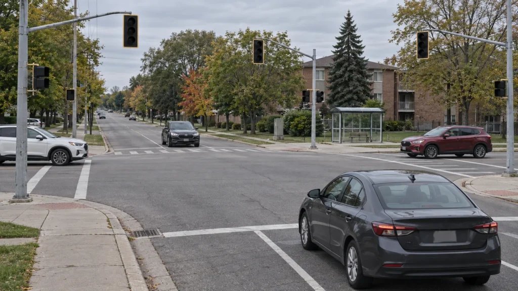 Cars stopped safely at a Scarborough intersection with dark traffic signals