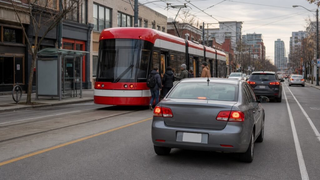 Learner car stopped safely behind a TTC streetcar while passengers board in Toronto