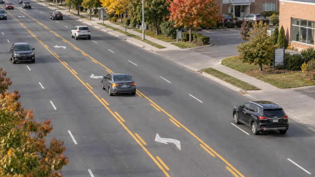 A car waiting safely in a centre two-way left-turn lane on a Scarborough road